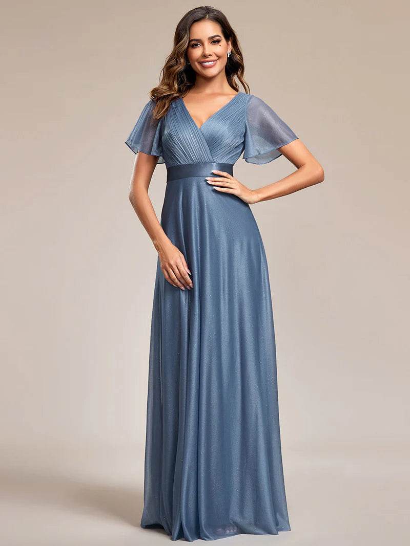 Elegant Deep V-Neck A-Line Evening Dress with Ruffle Sleeves - Biamonde